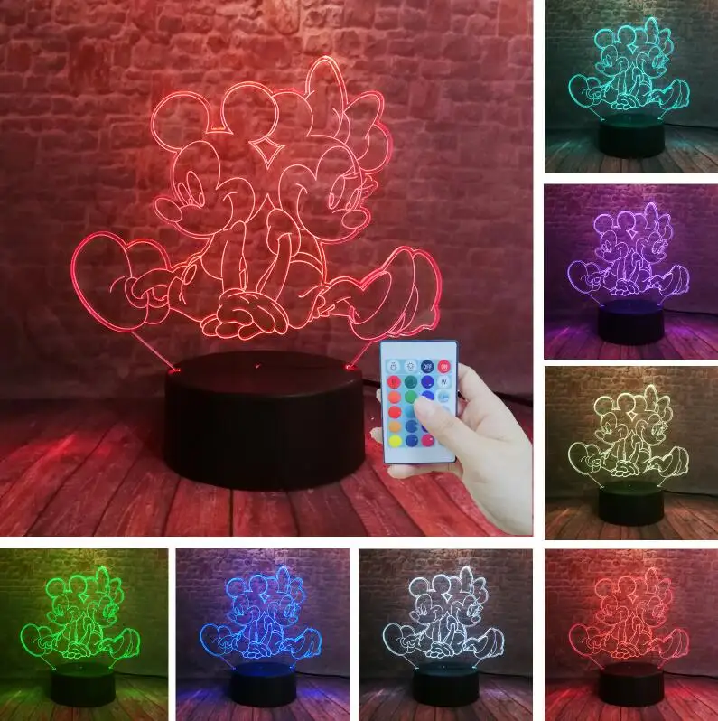 Сидя играя Минни Микки Маус 3D светодиодный ночник 7 цветов USB голографическая лампа для сна ребенка Декор друг игрушки подарки дропшиппинг - Испускаемый цвет: Controller 7 Color