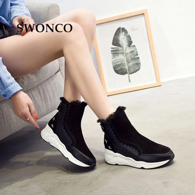 

SWONCO Women's Winter Boots Genuine Leather Thick Plush Warm Snow Boot Shoes Women Boots Winter High Heels Woman Ankle Boot