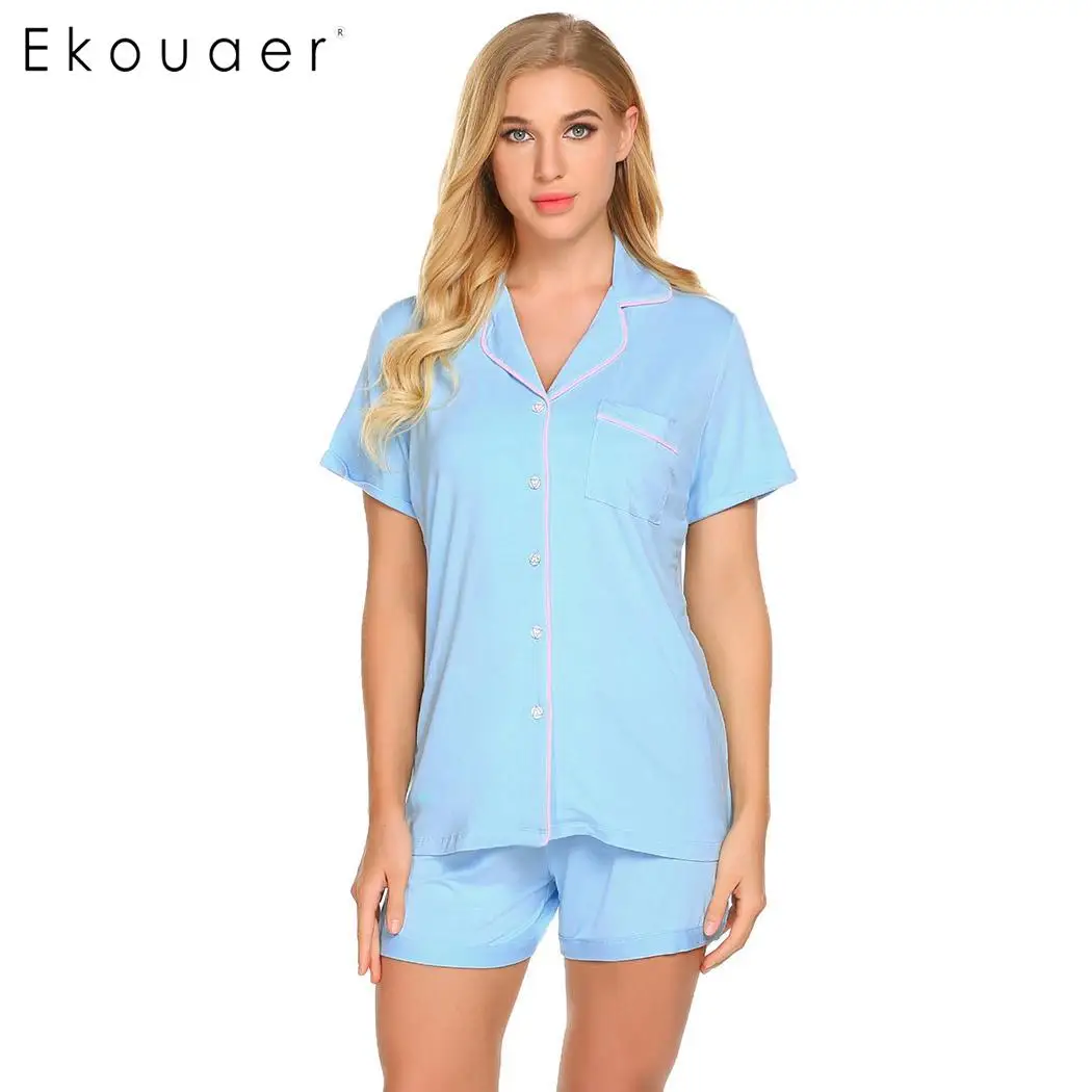 light blue Ekouaer Для женщин, одежда для сна, пижамные комплекты короткий рукав кнопка карман рубашки и шорты для мальчиков пижамные комплекты детская одежда для сна Женская комплект - Цвет: light blue