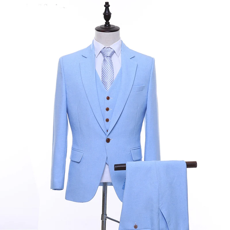 

Мужские костюмы для вечеринки небесно-голубого цвета, жакет из трех предметов и брюки, жилет с отложным воротником и одной пуговицей, смокин...