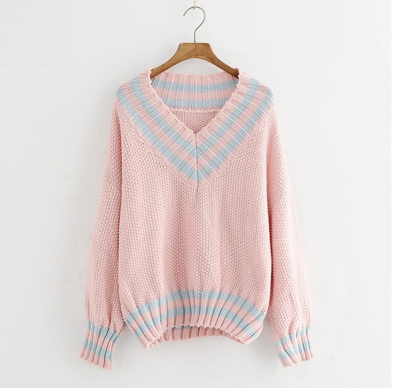 2017 Autumn Winter Women Loose V-Neck Lantern Sleeve Sweater Ladies Casual Pullovers Striped &amp Hem | Женская одежда