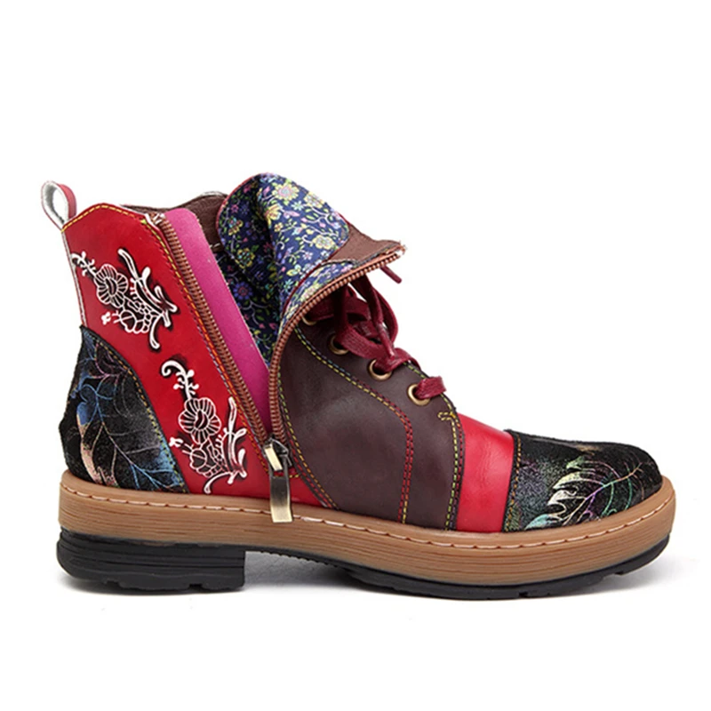 Buono Scarpe Для женщин ботильоны на шнуровке с боковой молнией в стиле пэчворк в этническом стиле полусапожки обувь ручной работы в богемном стиле Стиль обувь Mujer