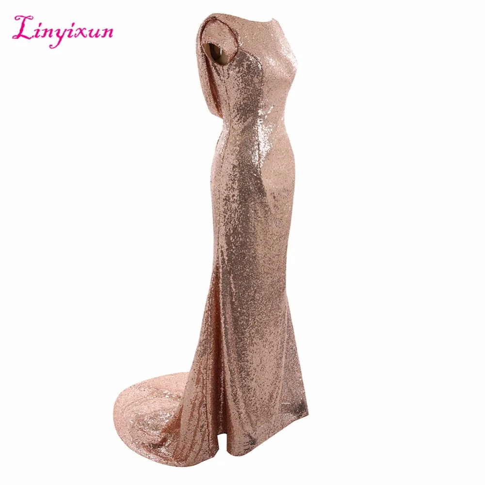 Длинное платье Linyixun цвета шампанского золотого с блестками коротким рукавом