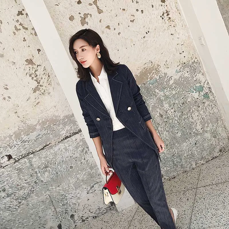 navy two piece sets Женский однотонный Блейзер, костюмы, длинный рукав, двубортный, зубчатый Топ с поясом, на молнии, с карманами, брюки, для офиса, леди, корейский стиль, S91510J - Цвет: navy two piece sets