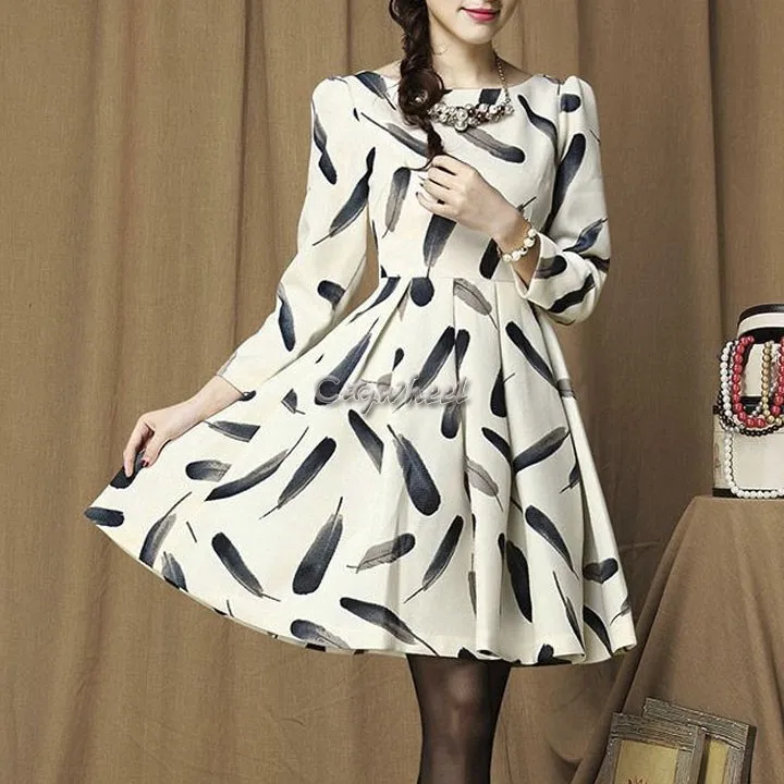 2015 New women autumn and winter fashion temperament waist A-line dress feather print plus size casual dresses 35 | Электроника