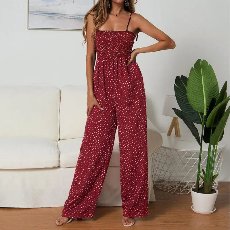 Женский комбинезон в горошек, с высокой талией, Boho, желтый, с бретельками, топ, широкие штаны для женщин, лето, одежда для девушек - Цвет: red