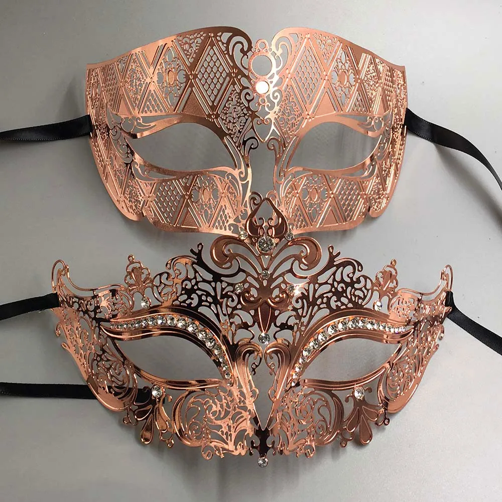 Женская и мужская блестящая маска цвета розового золота с лазерной вырезкой|prom