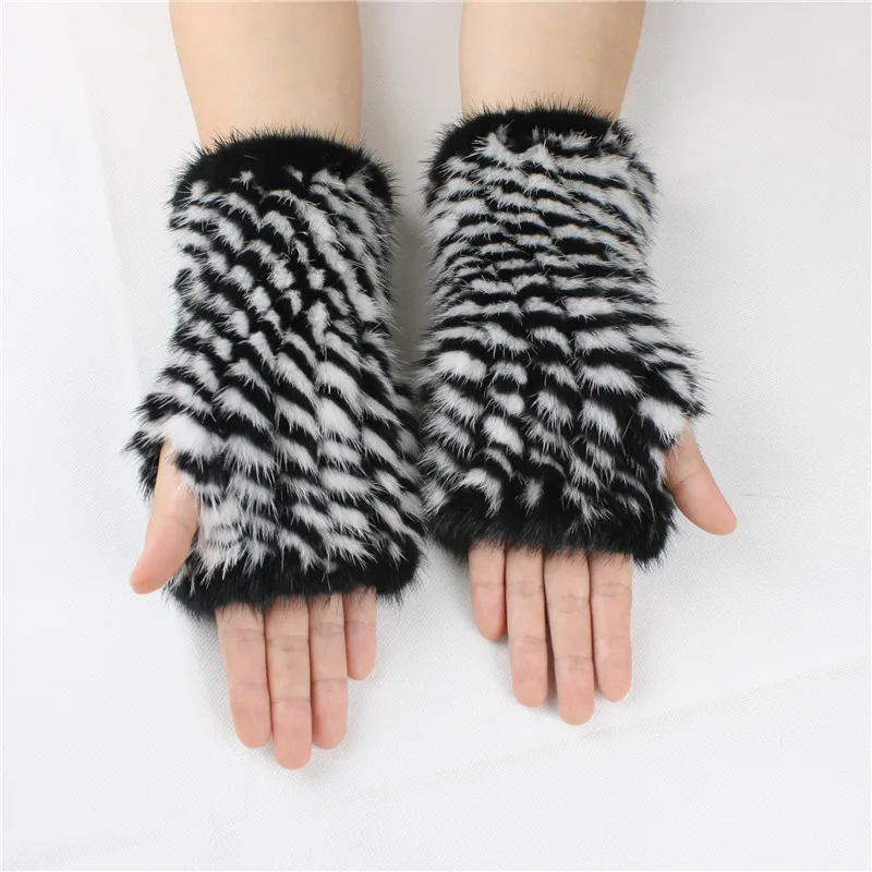 LIYAFUR Women's Real Genuine Knitted Mink Fur Winter Fingerless Gloves Elastic Net Mittens Arm Warmer Black Coffee | Аксессуары для