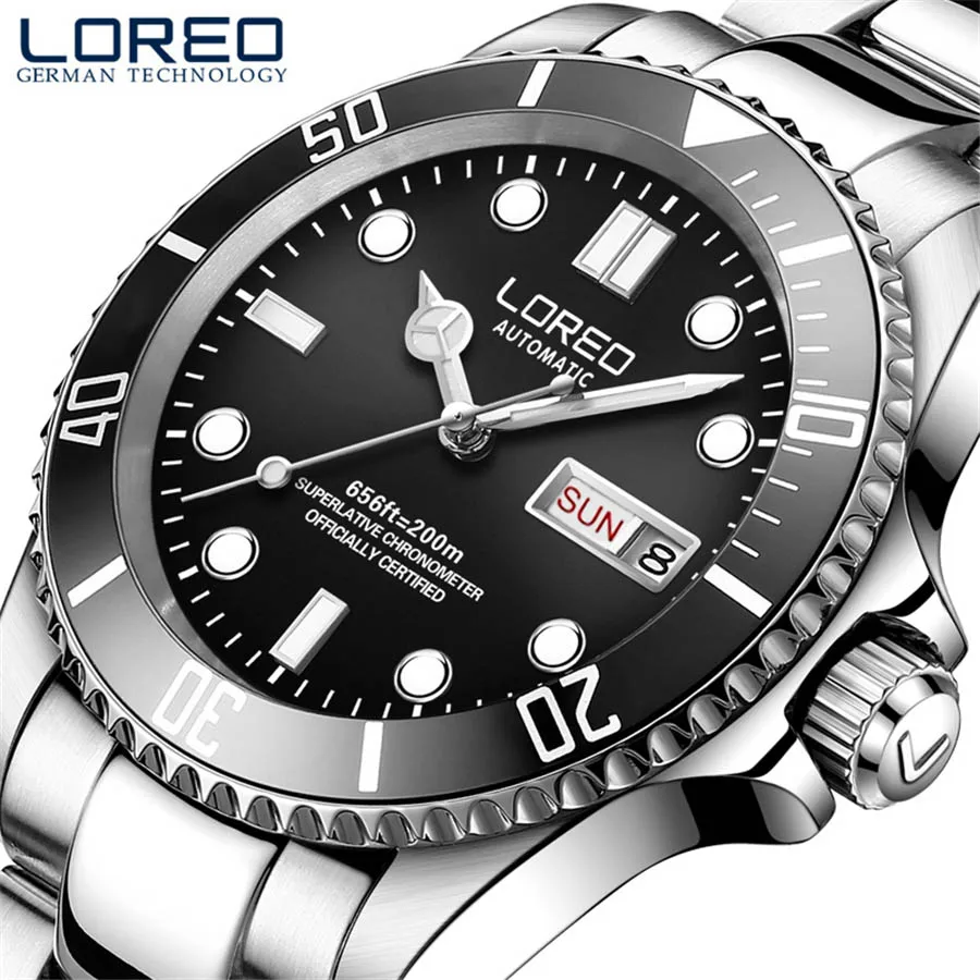 LOREO 200M Дайвинг серии механические часы Для мужчин 316L нержавеющая сталь световой неделю Дата, сапфировое Водонепроницаемый автоматические часы Для мужчин s - Цвет: Steel Black