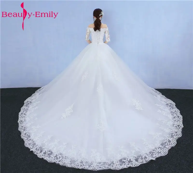 Красота Эмили Роскошные Кружево A-Line Белый Свадебные платья 2017 половина рукав