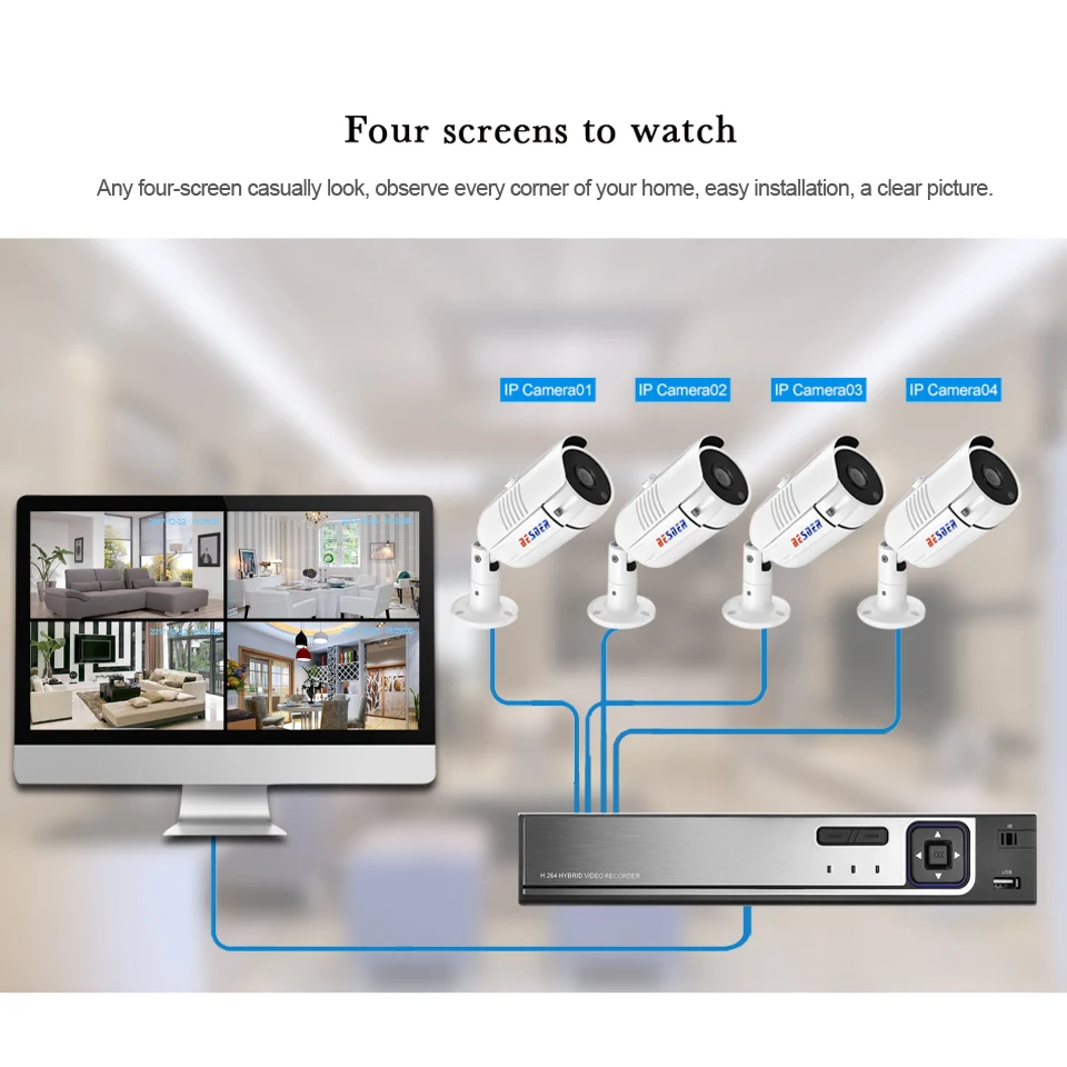 BESDER Full HD 1080P 48V 4CH PoE Kit Система видеонаблюдения с 4 уличными цилиндрическими IP