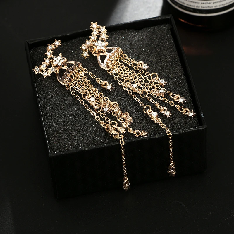 Модные серьги Стразы со звездами цепочкой кисточками подвесками женские для