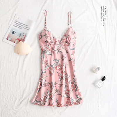 pink dress Herislim, женская пижама, атласная, сексуальная, кружевная, пижама, 4 штуки, лето, цветочный принт, Пижама, одежда для сна, женская одежда для сна, домашняя одежда - Цвет: pink dress