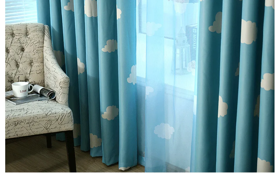 ICECUR Korean Style Cartoon Children Blackout Curtains White Clouds Printed for Kids Bedroom Living Room Girl Room Window Drapes
