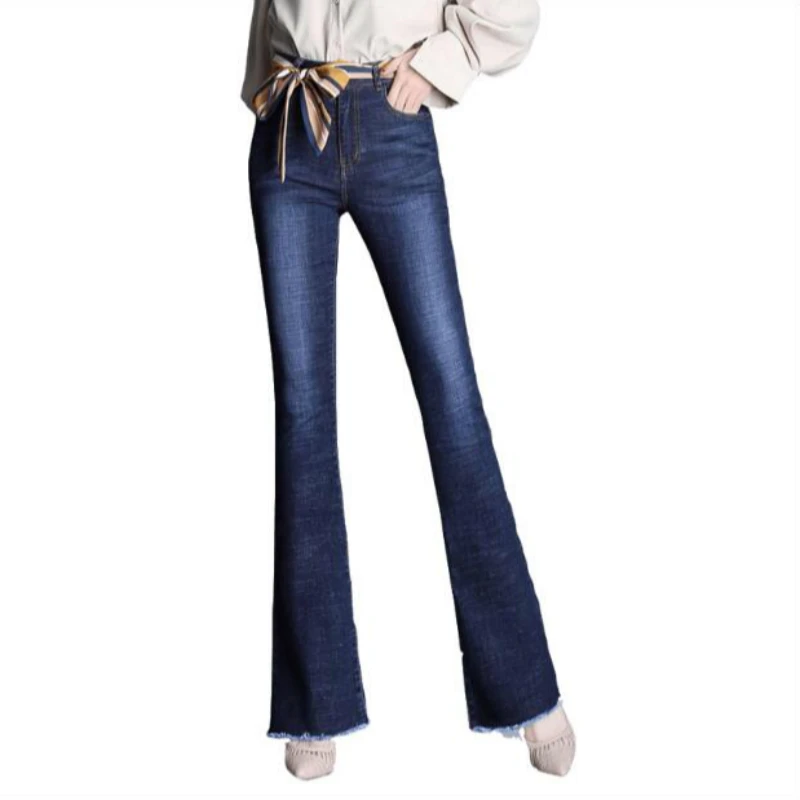 

Новинка; Сезон весна-осень; Офисные женские туфли из хлопка размера плюс с высокой талией для женщин, женские брюки с клешем для девочек Джин...