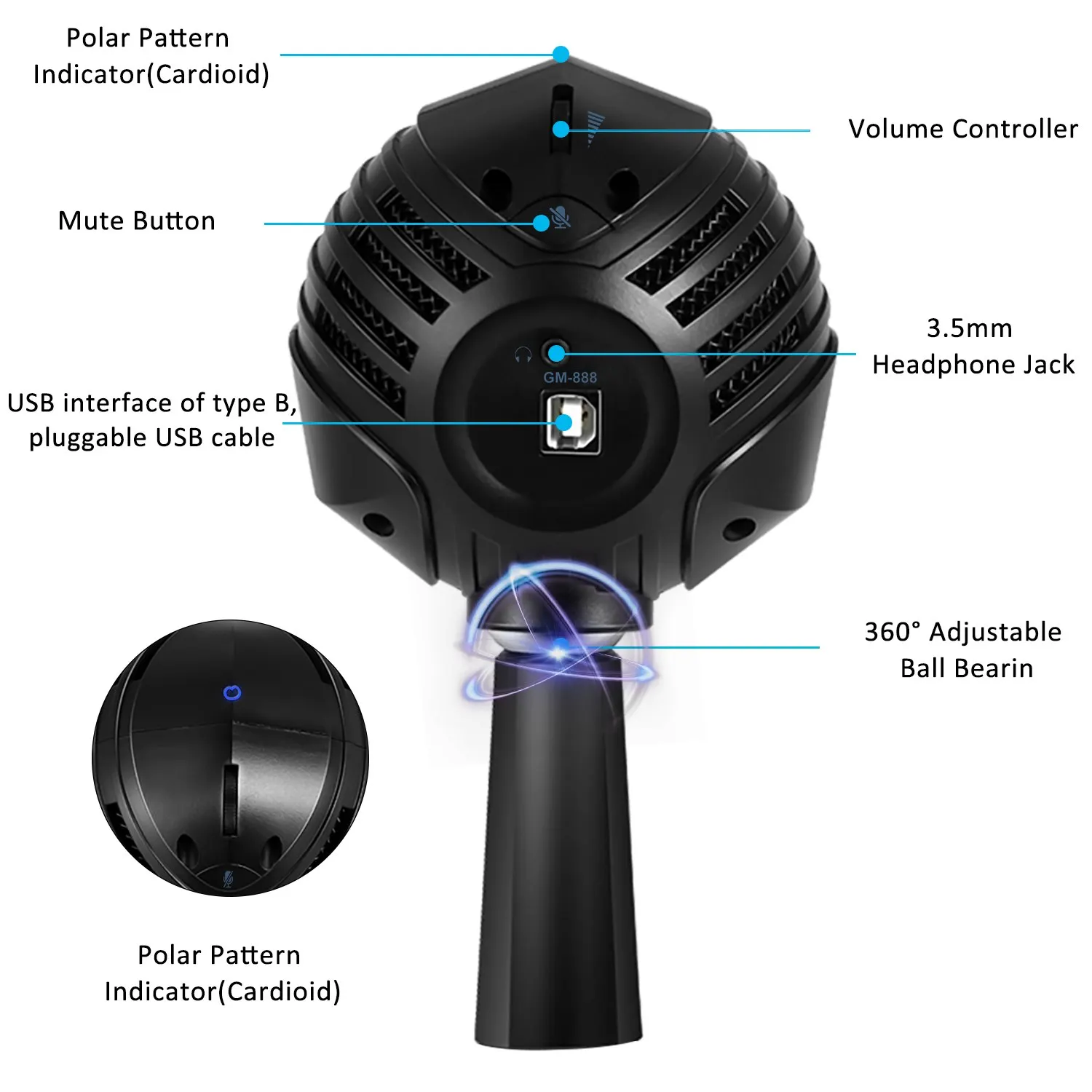 Ammoon GM-888 USB конденсаторный микрофон с шарообразным микрофоном настольной