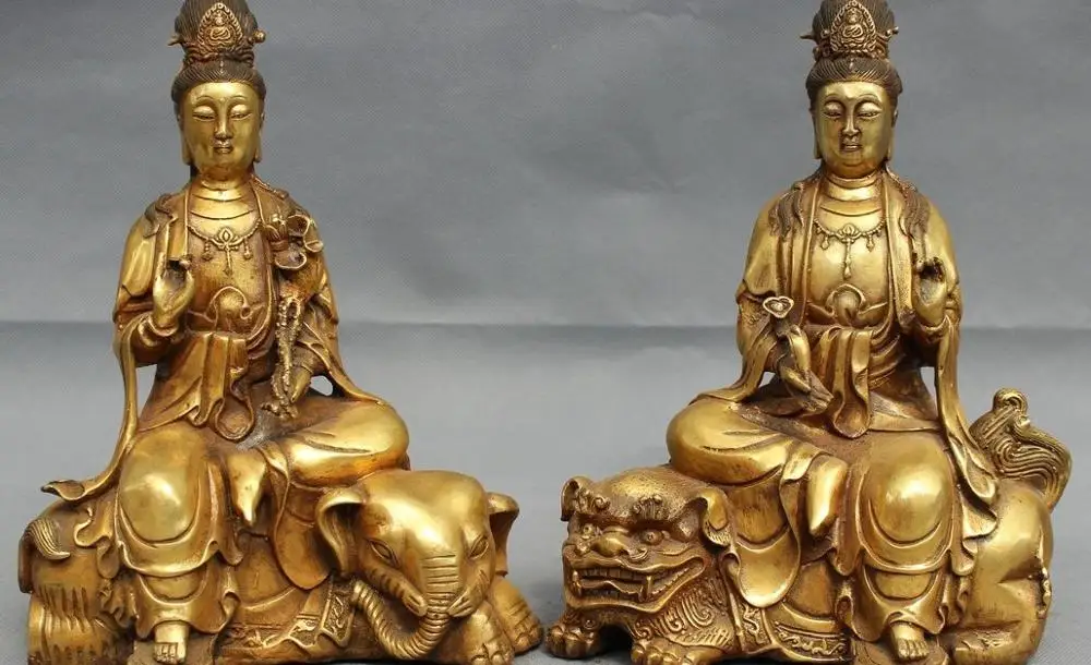 11 &quotНародная китайская Бронзовая позолота WenShu PuXian Bodhisattva Статуя Льва слона|statue