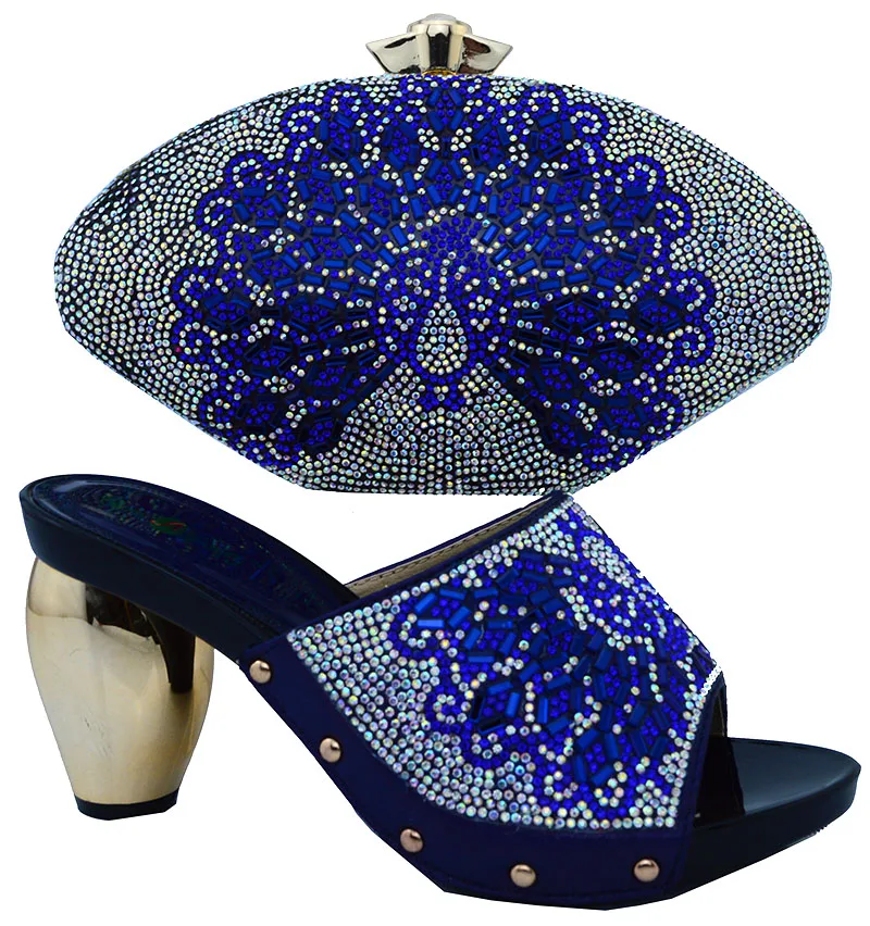 Королевский синий доступны мода 7.5 см высокие каблуки и рук сумку с кристаллом