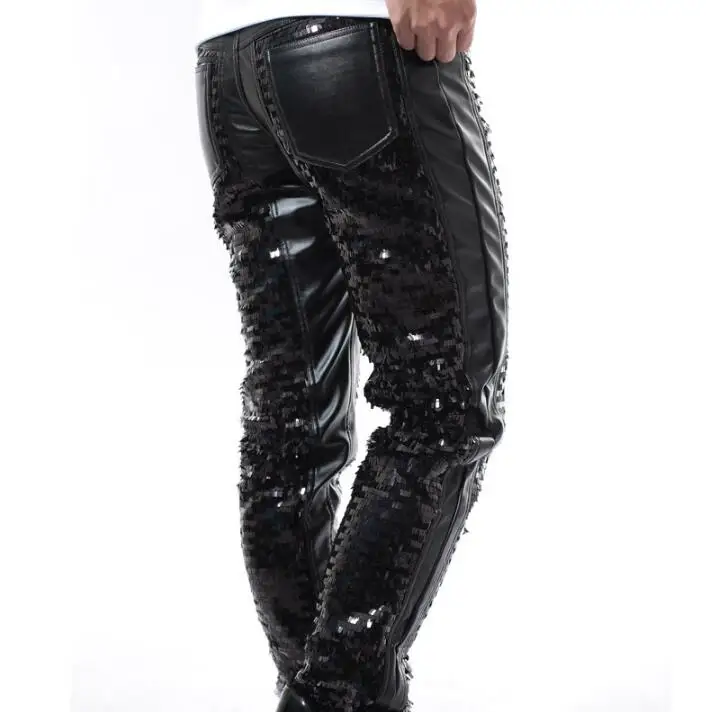 Мужские кожаные брюки с блестками черные| |
