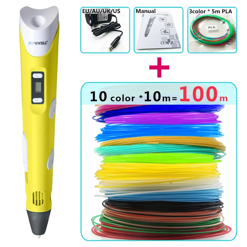 myriwell 3d ручка для рисования，LED дисплей，АБС/PLA нить，3д ручка 3d pen 3d pens Позволяет детям делать бесплатную живопись 3 д ручка 3 д триде ручка 3d ручка самая дешовая 3d Ручка зд ручка 3d для объёмного рисования - Цвет: Yellow and 100m ABS