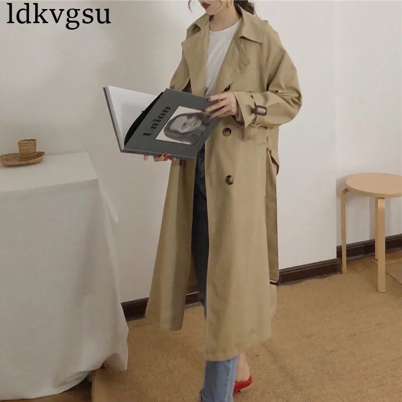 Женская Длинная ветровка свободный двубортный Тренч с Боковым Разрезом модель