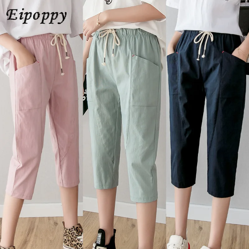 Women Clothing Cotton Linen Cropped Trousers Pants High Waist Thin Solid color Section Sports Women's Width Loose Casual | Женская