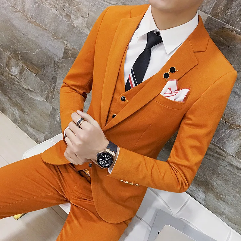 Orange 1 buckle Роскошный мужской тонкий Одноцветный двубортный костюм из 3 предметов, свадебное платье для жениха, мужской комплект, одежда для ужина, пиджак+ брюки+ жилет - Цвет: Orange 1 buckle