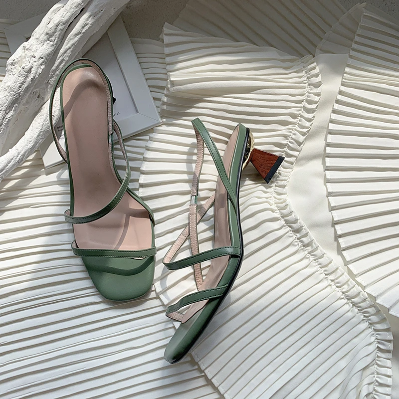 ISNOM Strange Style Sandals Women Cow Leather Summer High Heels Shoes Female Party Concise Ladies 2019 New Green | Обувь