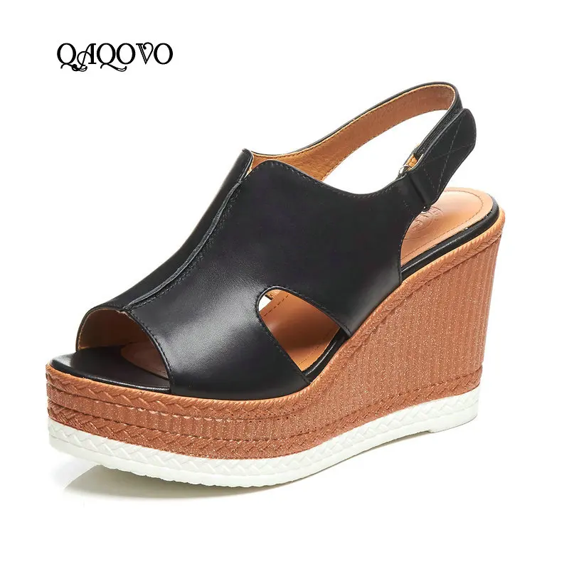 Женские Летние кожаные босоножки на танкетке модная женская обувь с открытым