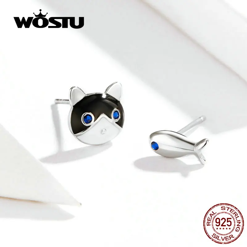 WOSTU, милые стильные серьги-гвоздики в виде кошки и рыбы, 925 пробы, серебряные маленькие серьги для женщин, для свадебной вечеринки, серебряные 925 ювелирные изделия CQE623