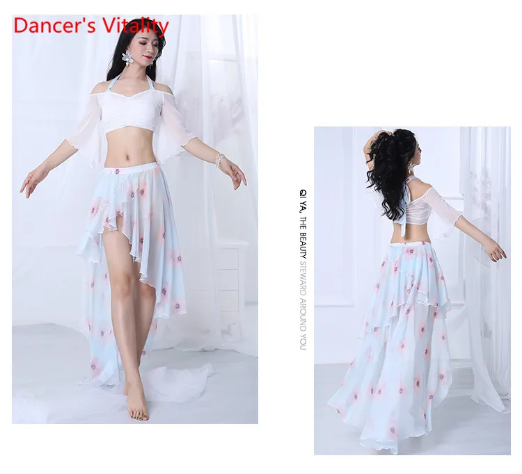 Лето шифон сексуальные женщины восточные танцы практика одежда танец живота костюм белый топ+ длинная юбка 2 шт