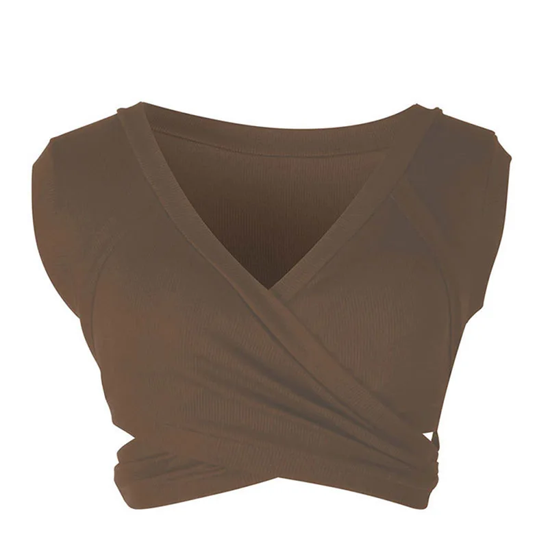 Женские укороченные топы с глубоким V-образным вырезом облегающие однотонные без