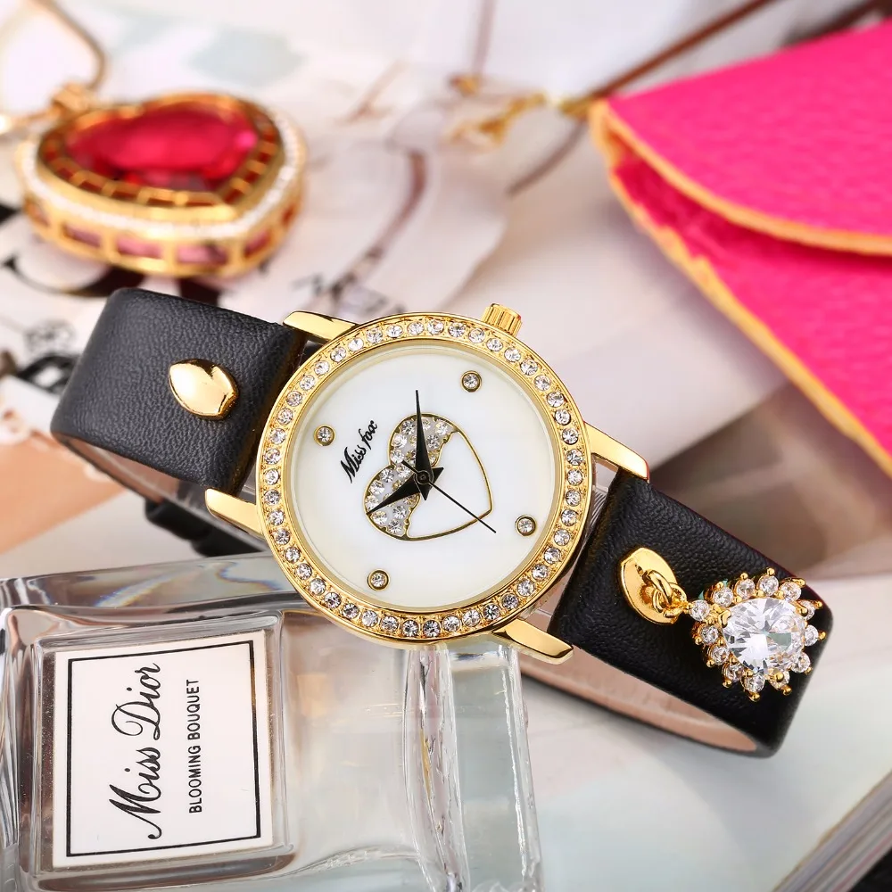 Для женщин часы Missfox Relojes Para Mujer сердце лицом кожа золотые наручные Bling Синий