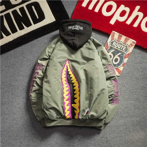 Army Green Hoodie Новинка MA-1, куртка-бомбер для мужчин и женщин, с надписью, хип-хоп, Акула, пилот, мотоциклетная куртка, Мужская, осень - Цвет: Army Green Hoodie