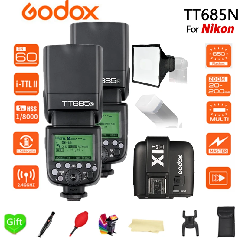 2X Godox TT685N 2 4G Беспроводная вспышка HSS 1/8000s i TTL + фотовспышка X1T N софтбокс 15*17 см