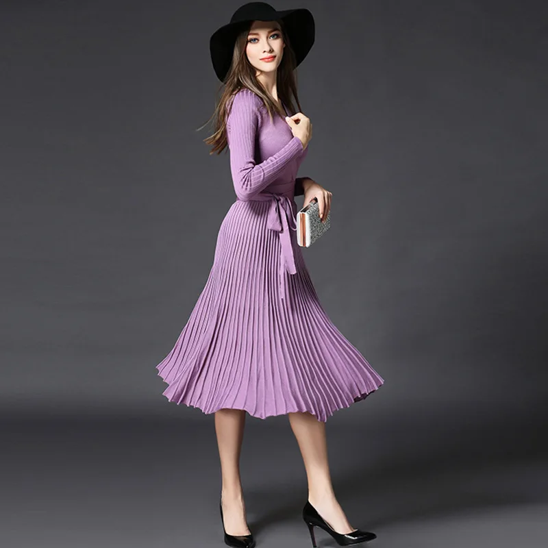 

2018 Ladies Pleated Sweater Dress Sexy V-neck Long Sleeve Knitted Midi Sweater Dress Spring Autumn Winter A-line Dress Party