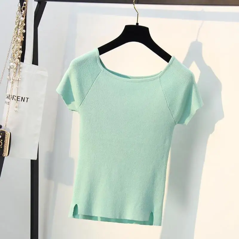 Женские вязаные футболки с круглым вырезом и коротким рукавом женские пуловеры