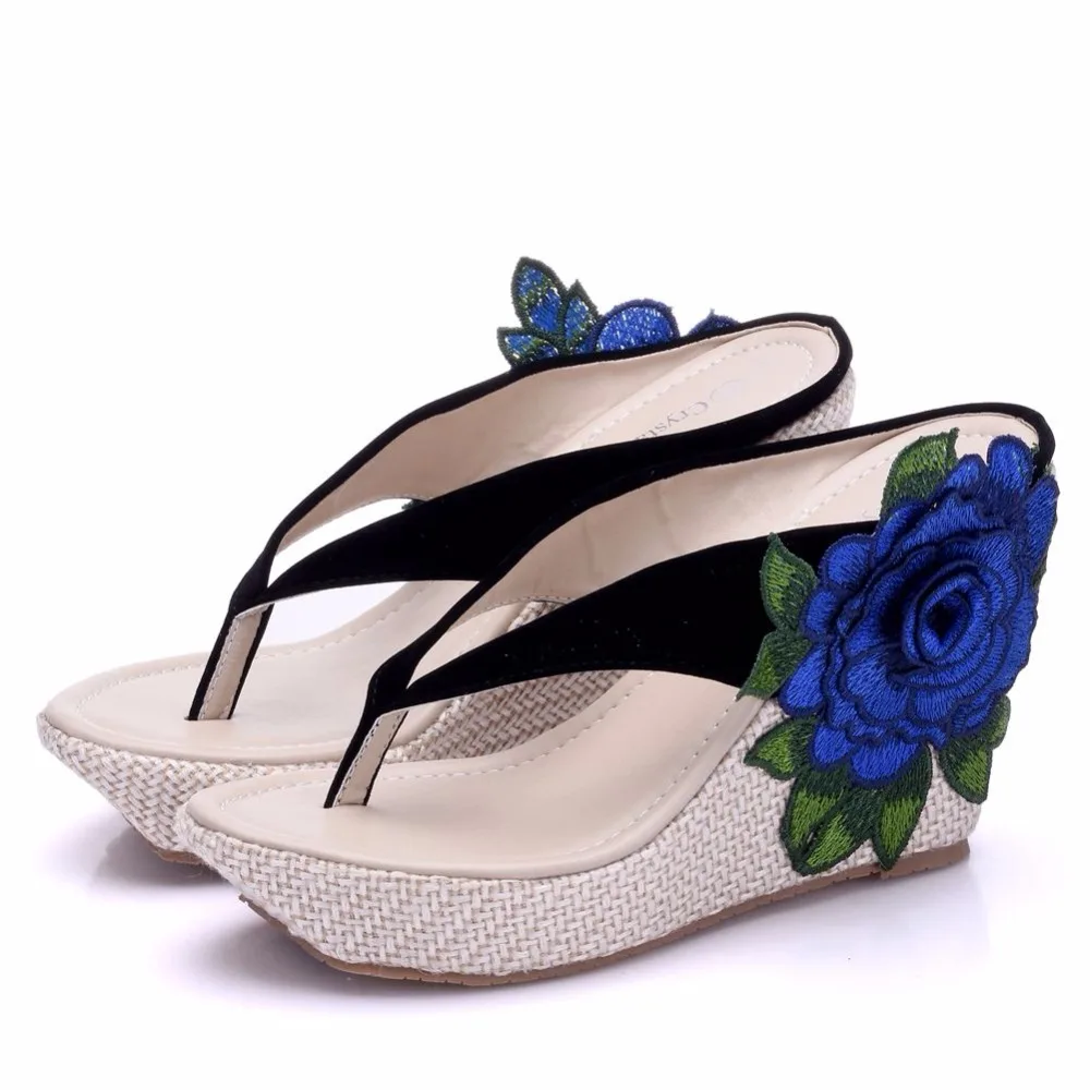 

Crystal Queen New Arrive Flip Flops Women Sandals Fashion Wedges Summer Shoes Elegant Flower Platform High Heels Shoes