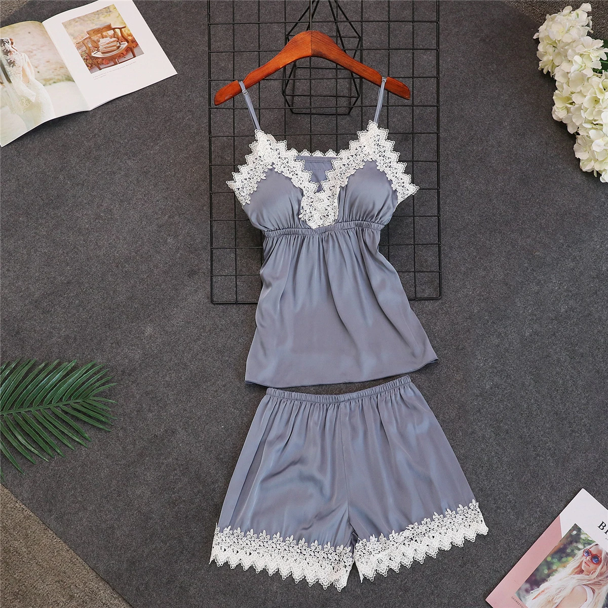 Темно синие сексуальные женские пижамные комплекты из 2 предметов: топ на