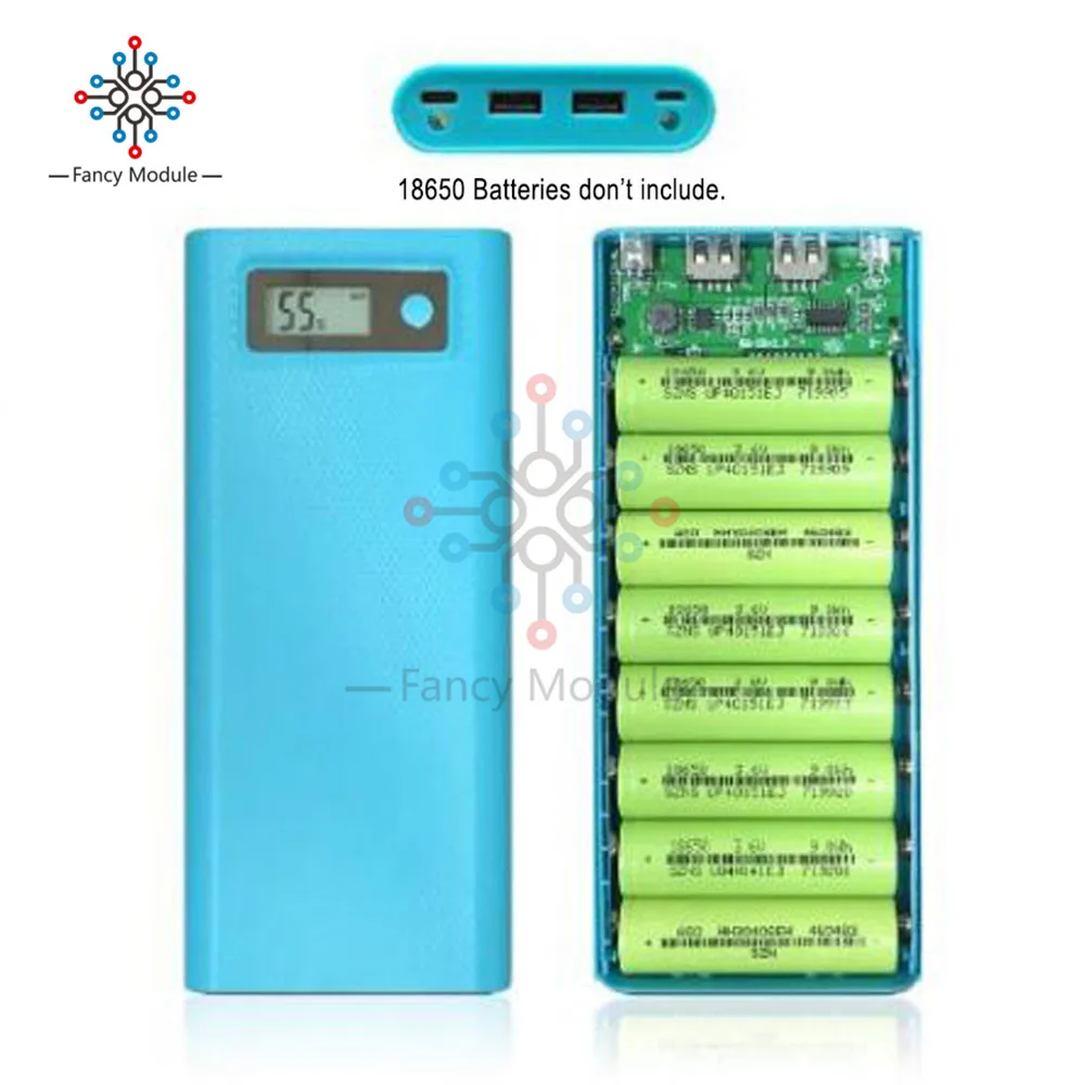 Синий DIY Kit 8 шт. 18650 аккумуляторная батарея Чехол Двойной USB 5V1A/5V2. 1A зарядное устройство Банк Питания Крышка индикатор ЖК-дисплей type-C Micro USB вход - Цвет: Синий