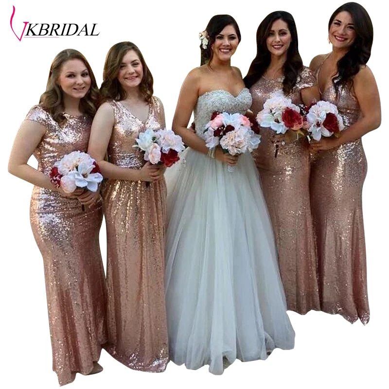 VKBRIDAL золотые платья подружки невесты длинные для свадебной вечеринки с рукавами