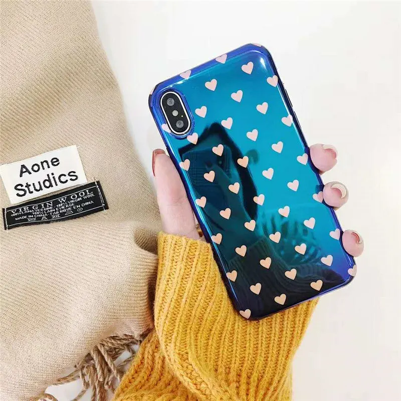 Newly Blue Light Ray Case Cute Navy Pink Love Hearts Pattern Phone Full Covers For iPhone X 6 6s Plus 7 8 Fundas Coque Capa |