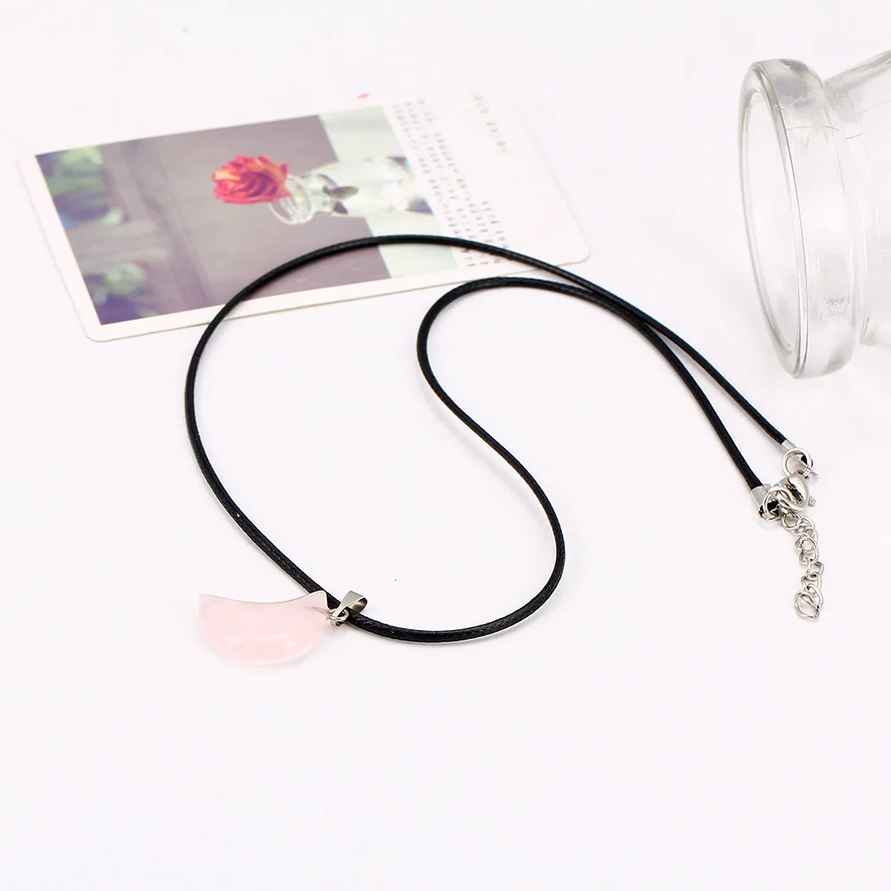 

YYW Black PU Leather Cord Necklace Womens Moon Real Rose Stone Pendant Necklace Natural Stone Pink Quartz Stone Choker Necklace