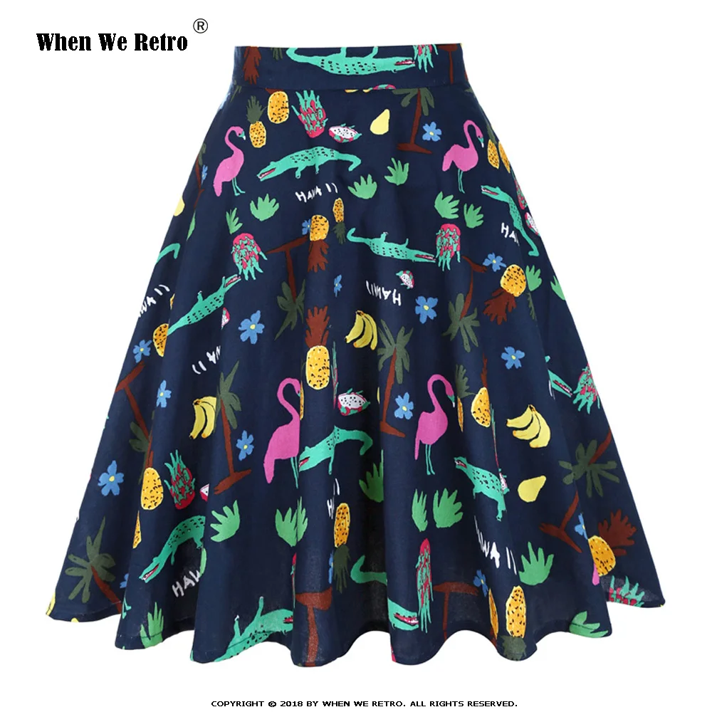 

When We Retro Navy Blue Cotton Skirt VD0020 Sexy Flamingo and Fruit Print High Waist Big Swing Vintage Skater Skirts Womens