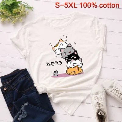 off white S-5XL, новинка, принт с милой кошкой, женская футболка, хлопок, круглый вырез, короткий рукав, летняя маленькая футболка с крысами, топы, повседневные, плюс футболки - Цвет: off white
