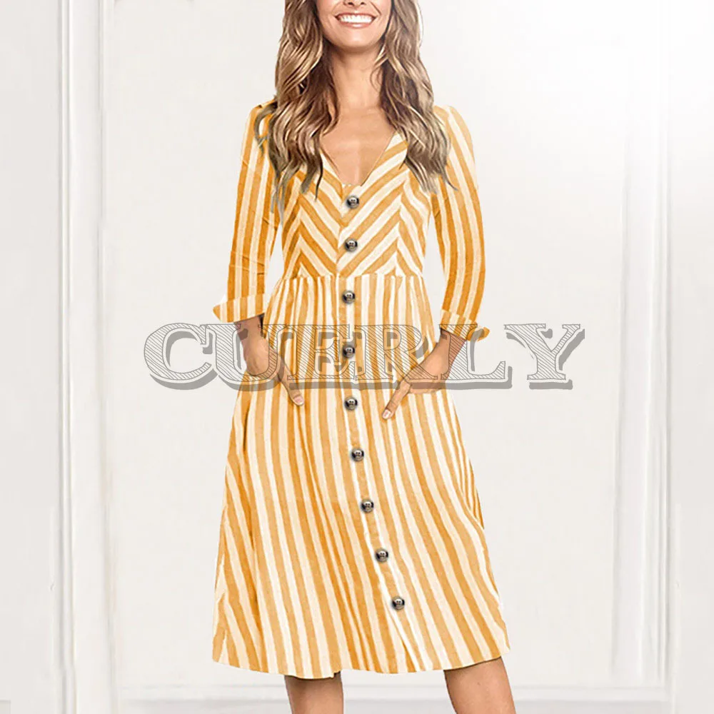 CUERLY dress women vintage BOHO Buttons V-neck long sleeve Beach Playsuits Summer Women Striped Girls Casual Femininos | Женская одежда
