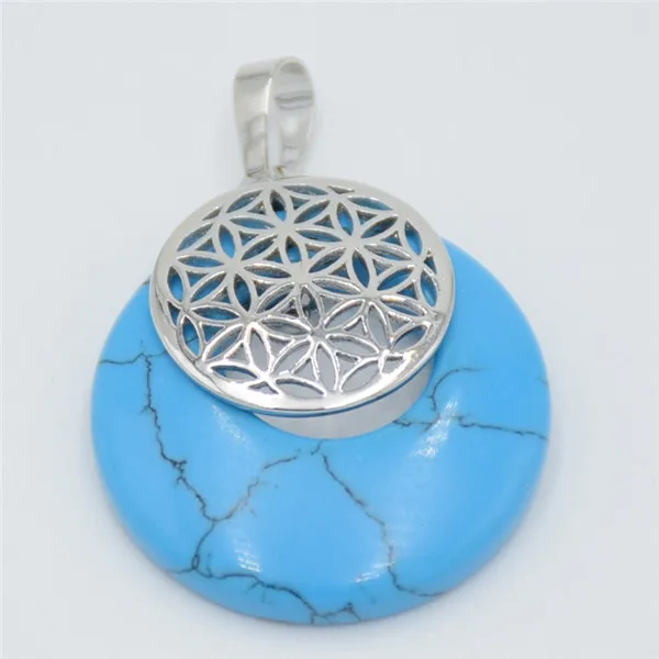 Blue Turquoises Мода цветок жизни кулон Йога Исцеление чакры натуральный камень кристалл Мандала Подвеска для ожерелья для мужчин женщин рейки ювелирные изделия - Окраска металла: Blue Turquoises