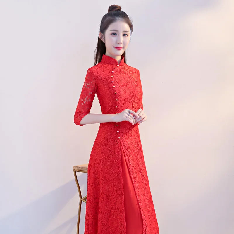 Sexy Lace Vietnam Aodai Three Quarter Sleeve improved cheongsam Long Vintage Mandarin Collar Qipao Plus Size M-4XL | Тематическая