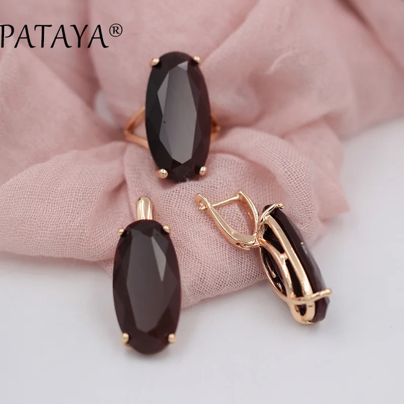 Coffee red PATAYA, новинка 585, розовое золото, ювелирные наборы, Овальный искусственный кубический циркон, большие серьги висюльки, кольца, наборы для женщин, винтажный ювелирный набор - Окраска металла: Coffee red