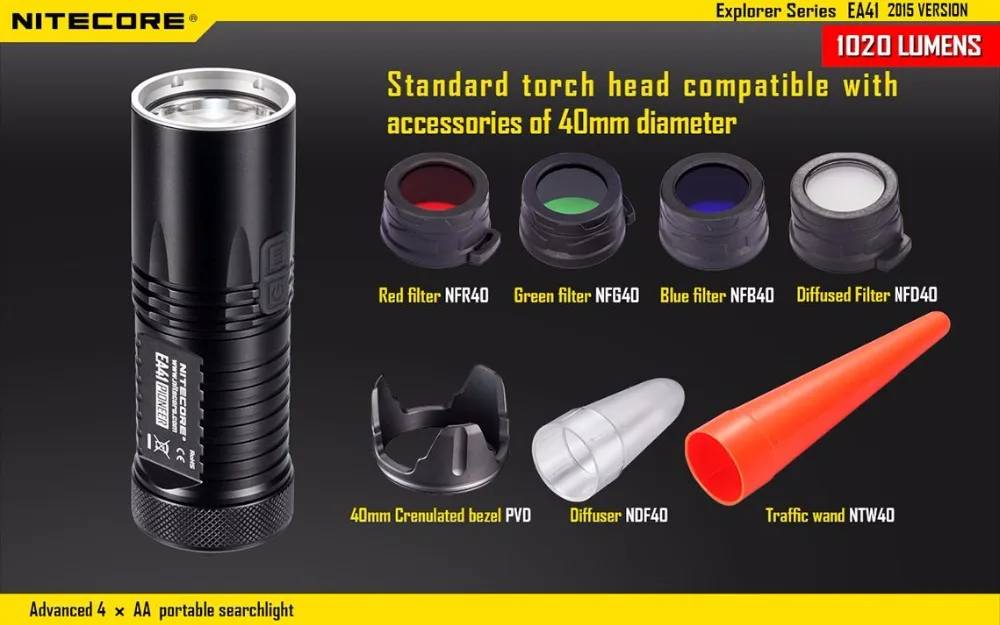 NITECORE EA41 ea41w 1020 люмен XM-L2 U2 светодиодный походный фонарик на открытом воздухе Пеший Туризм тактический фонарь+ 4xNI14500A 650 мА/ч+, UM20 зарядное устройство